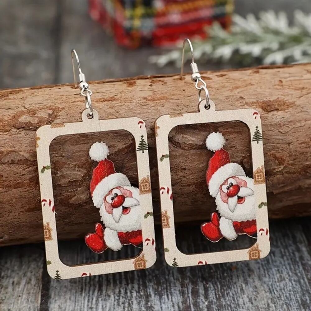 #43 Wood Christmas Santa Clause French Wire Earrings